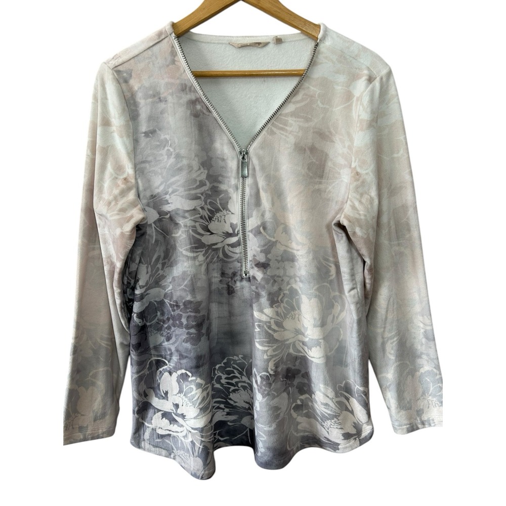 Soft Surroundings Womens Gray Floral Velour Corrina Half Zip Top‎ Shirt Sz Large